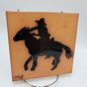 Cowboy Silhouette Horse Western Art Tile Mary Jane Balok Utah Ceramic Red Clay